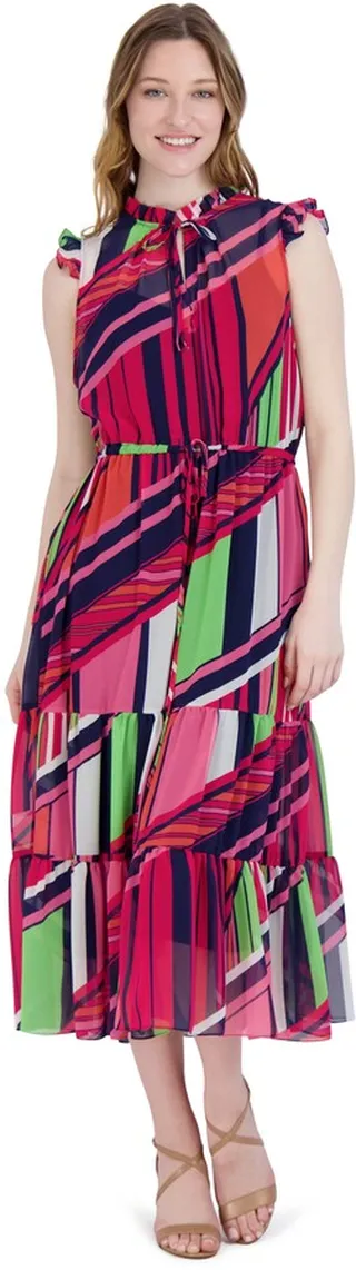 Ruffle Neck Drawstring Midi Dress