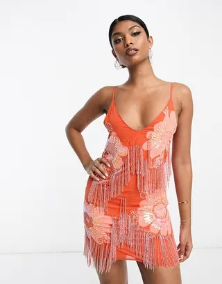 ASOS DESIGN floral applique slip mini dress with embellishment in orange