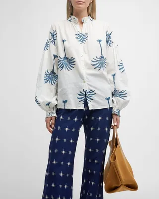 Poet Palm-Printed Button-Front Blouse