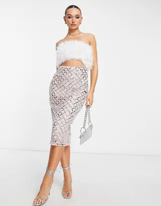 ASOS DESIGN faux feather embellished sequin two in one midi dress in blush