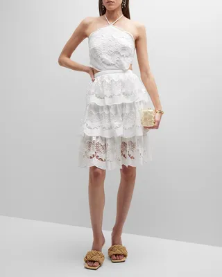 Richelieu Lace Tiered Halter Midi Dress