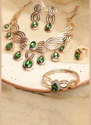 Gold Plated Designer Stone Party Necklace, Earring, Ring and Bracelet Set For Women