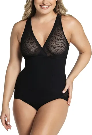 Leonisa Women's Sheer Stripe Detail Sculpting Bodysuit