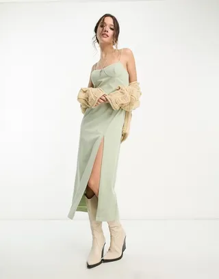 Emory Park bust detail split hem midi dress in soft sage