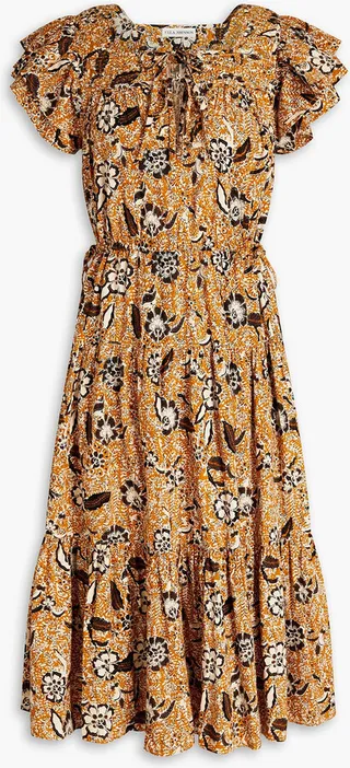 Amber gathered floral-print cotton-blend midi dress