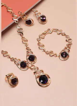 Gold Plated Designer Stone Party Necklace, Earring, Ring and Bracelet Set For Women
