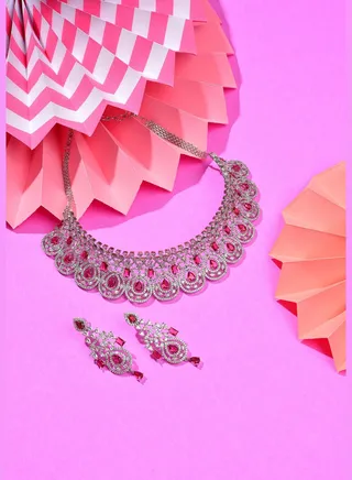Silver Plated Designer Stone Necklace and Earring Set