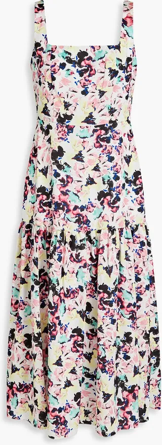 Gathered printed satin-crepe midi dress
