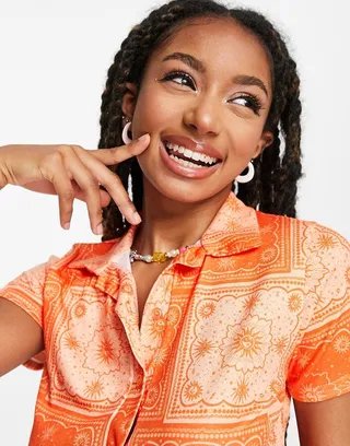 Daisy Street button front collar detail crop top in orange bandana - part of a set