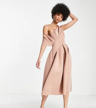 ASOS DESIGN Tall bare shoulder prom midi dress in camel