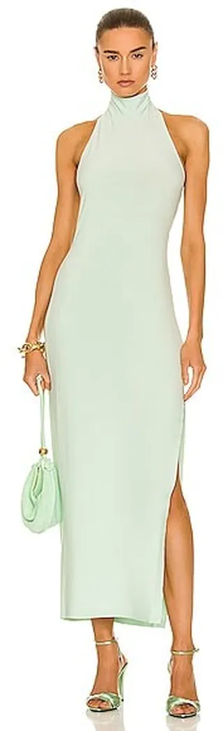 Norma Kamali for FWRD Halter Turtleneck Side Slit Gown in Mint