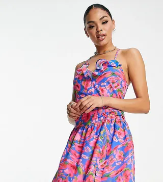 ASYOU frill edge plunge ruched mini dress in floral print