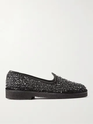 Leather-Trimmed Metallic Tweed Slippers