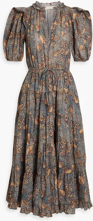 Ava gathered printed cotton-blend midi dress