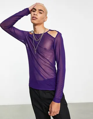 ASOS DESIGN muscle long sleeve T-shirt in purple mesh with cut outs