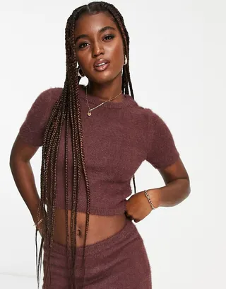 Miss Selfridge lash short sleeve crop top in mocha - part of a set