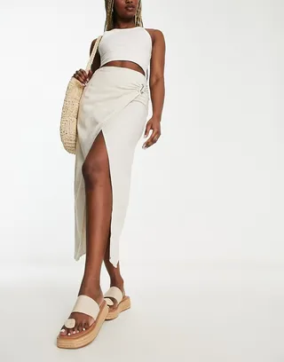 Stradivarius rustic twist midi skirt in natural
