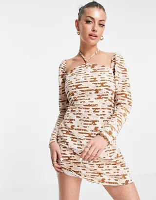 Fashion Union mini shift dress in retro floral print with tie neck