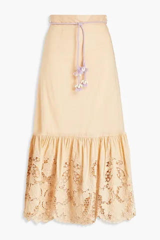 Boderie anglaise-trimmed gathered cotton midi skirt