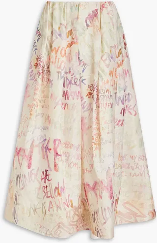 Printed linen and silk-blend midi skirt