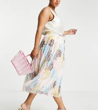 ASOS DESIGN Curve pleated midi skirt with shirred wasitband in multi tonal animal