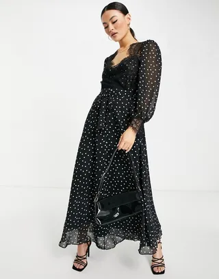 ASOS DESIGN soft midi skater dress in polka dot with eyelash lace details