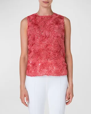 Gingham Organdy Rosette Embroidered Sleeveless Blouse