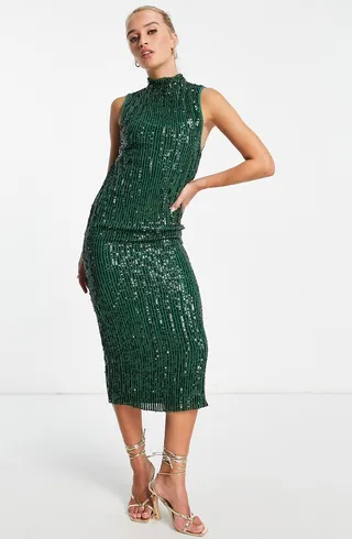 Sequin Stripe Mock Neck Cocktail Dress
