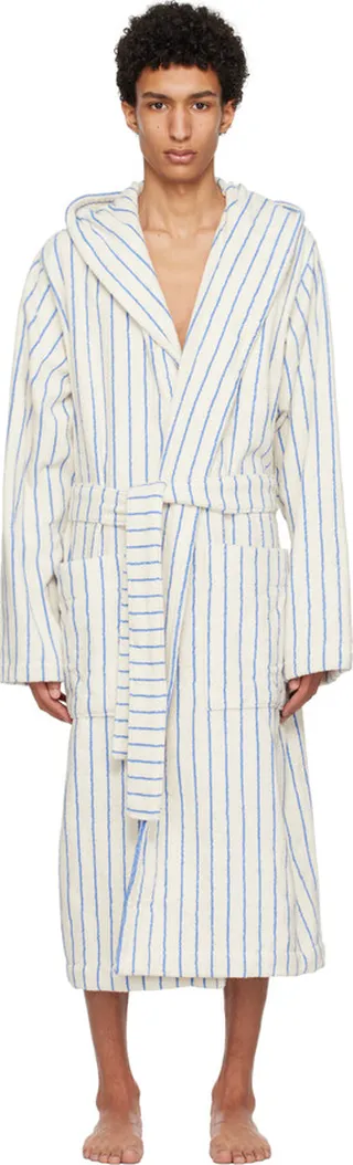 Tekla Off-White & Blue Hooded Bathrobe