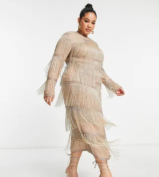 ASOS DESIGN Curve all over embellished panelled fringe midi in beige