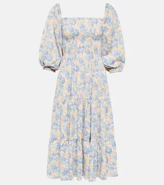 Floral shirred cotton-blend midi dress