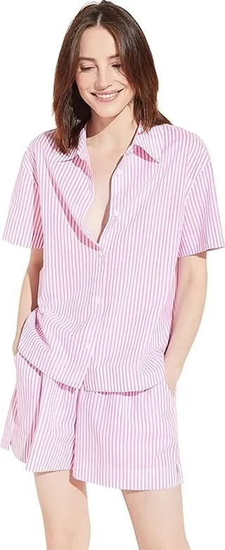 Eberjey Organic Sandwashed Cotton Printed - The Short PJ Set (Nautico Stripe Italian Rose) Women's Pajama Sets