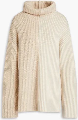 Two-tone merino wool-blend turtleneck sweater