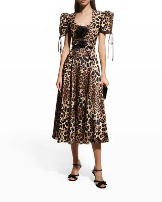 Leopard Puff-Sleeve Belted Silk Twill Midi Dress