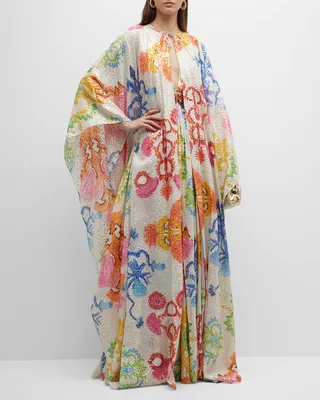 Symi Mesogios-Print Metallic Jacquard Evening Cape
