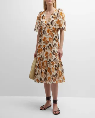 Dena Tiered Ikat-Print Midi Dress
