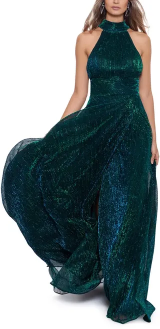 Halter Mock Neck Crinkle Faux Wrap Gown