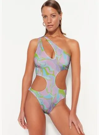 Abstract Pattern One-Shoulder Swimsuit with Cut Out/Windowed Regular Leg TBESS23MA00002