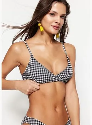 Black and White Gingham Textured Triangle Bikini Top TBESS21BU0141