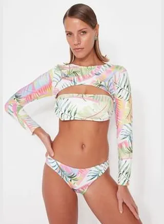 Floral Print Swim Bikini Top with Detachable Sleeves TBESS22BU0233