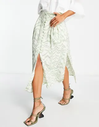 ASOS DESIGN button up midi skirt with slit in sage and white zebra print
