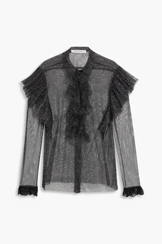 Ruffled metallic lace-trimmed mesh blouse