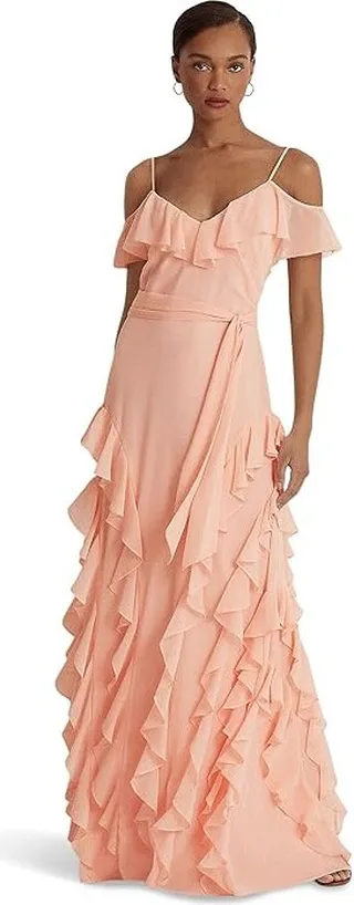 LAUREN Ralph Lauren Crinkle Georgette Off-the-Shoulder Gown (Pale Pink) Women's Dress