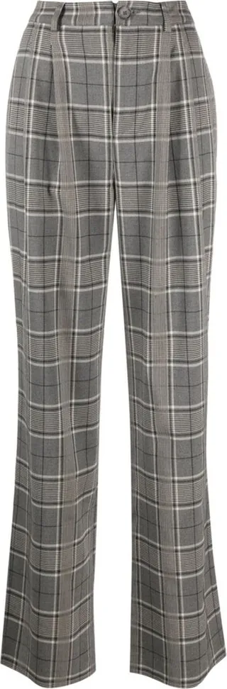 Grey Plaid Straight-Leg Trousers