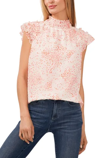 CeCe Women's Mock Neck Flutter Sleeve Printed Blouse