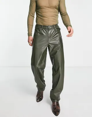 ASOS DESIGN baggy fit jeans in khaki leather look