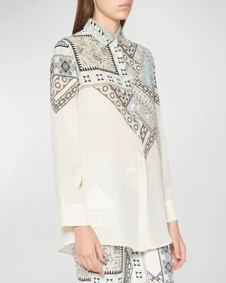 Mediterranean Tile Printed Button-Front Blouse