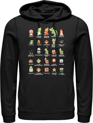 Men's Nintendo Super Mario Bros Character Guide Pull Over Hoodie - Black - Small