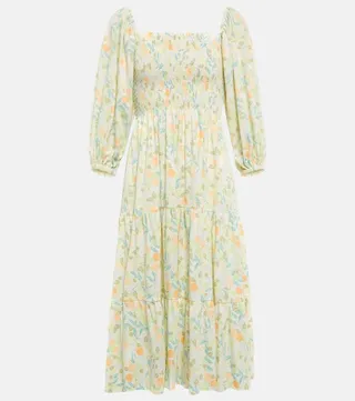 Puff-sleeves floral midi dress