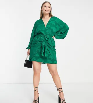 ASOS DESIGN Curve plunge tie front mini dress in floral jacquard in green